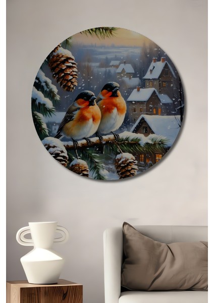 Kış Kuşları ve Çam Kozalakları Yağlı Boya Görünümlü Ahşap Dekoratif Tablo Yuvarlak Tablo