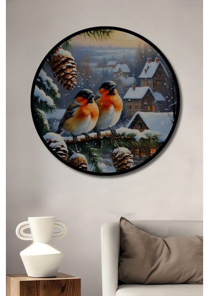 Kış Kuşları ve Çam Kozalakları Yağlı Boya Görünümlü Ahşap Dekoratif Tablo Yuvarlak Tablo fiyatları