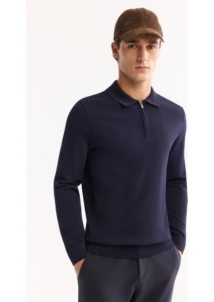Erkek Lacivert Polo Yaka Fermuarlı Rayon Tüylenmeyen Dokulu Triko Regular Fit Kazak A52Y5019