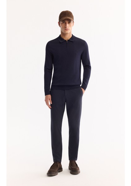 Erkek Lacivert Polo Yaka Fermuarlı Rayon Tüylenmeyen Dokulu Triko Regular Fit Kazak A52Y5019