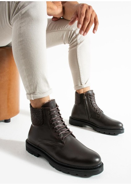 Erkek Kahverengi Hakiki Deri-Boğaz Detaylı Kışlık Bot
