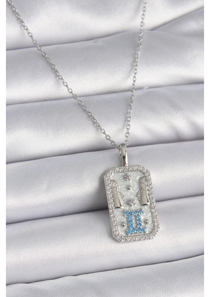 316L Çelik Gümüş Renk Zincir Ikizler Burcu Zirkon Taşlı Kadın Kolye - TJ-BKO9446