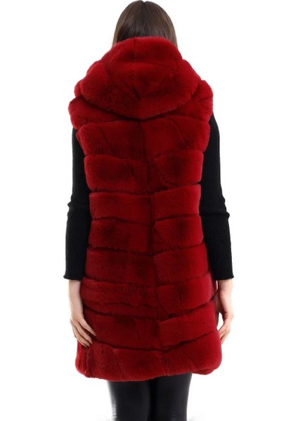 Kadın Kapşonlu Peluş Kürk Yelek Premium Kalite, Tam Astarlı, Uzun Model - Kırmızı modelleri