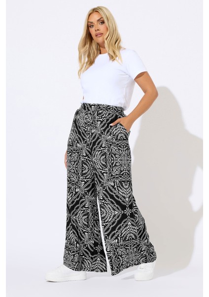 Büyük Beden Beli Lastikli Cepli Geniş Paça Baskılı Pantolon 310292