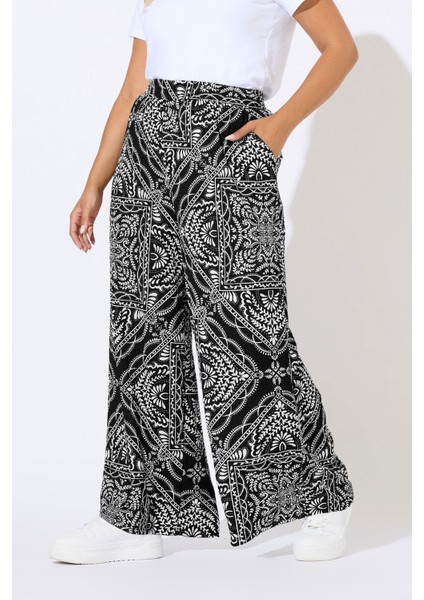 Büyük Beden Beli Lastikli Cepli Geniş Paça Baskılı Pantolon 310292 fiyatları