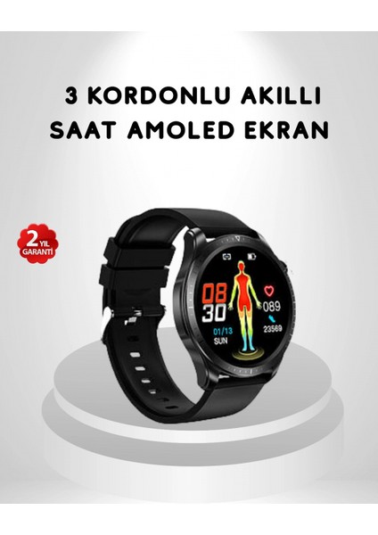 Amoled Ekranlı Akıllı Saat – 3 Kordon Seçenekli, Suya Dayanıklı, Kalp Atış ve Uyku Takip Özellikli