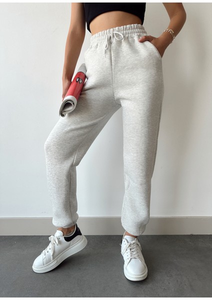 Kadın Açık Gri Kışlık Kalın Içi Polarlı Yüksek Bel Paçası Lastikli Basic Jogger Eşofman Altı