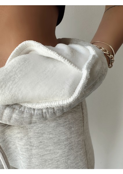 Kadın Açık Gri Kışlık Kalın Içi Polarlı Yüksek Bel Paçası Lastikli Basic Jogger Eşofman Altı fiyatları