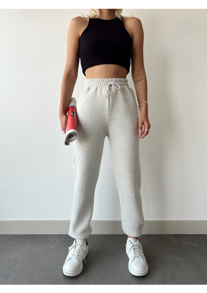 Kadın Açık Gri Kışlık Kalın Içi Polarlı Yüksek Bel Paçası Lastikli Basic Jogger Eşofman Altı fırsatları