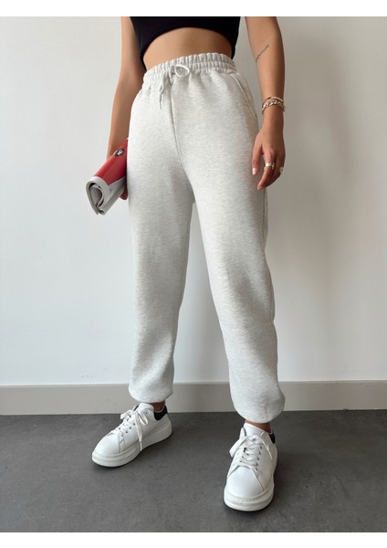 Kadın Açık Gri Kışlık Kalın Içi Polarlı Yüksek Bel Paçası Lastikli Basic Jogger Eşofman Altı indirimleri