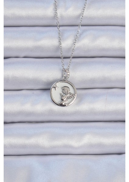 316L Çelik Zincir Gümüş Renk Zirkon Taşlı Mineli Melek Kolye - TJ-BKO9086