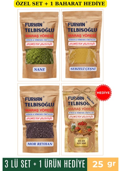 Sebzeli Çeşni 25GR + Nane 25GR + Mor Reyhan Elenmiş 25GR + 1 Baharat Hediye