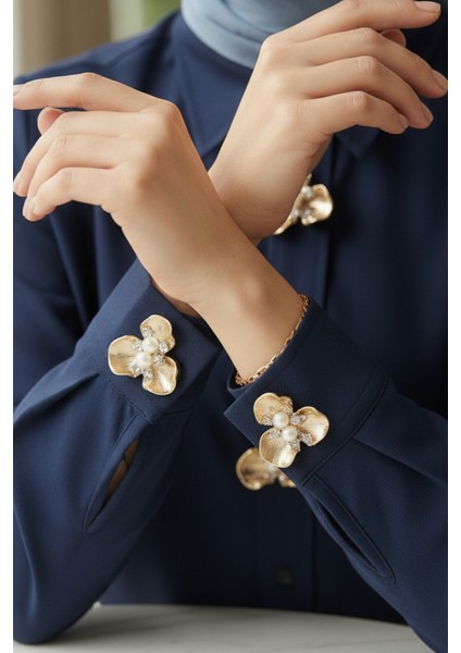 Gold 3 Yapraklı Inci Kristal Detaylı Düğme Broş, Klips, Toka fiyatları