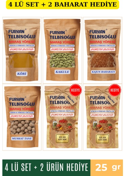 Köri 25GR + Kakule 25GR + Muskat Tane 25GR + Kajun Baharatı 25GR + 2 Baharat Hediye