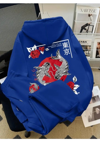 Özel Tasarım Kapüşonlu Koi Balığı Sırt Baskılı %100 Pamuk 3 Iplik Kışlık Japon Stil Erkek Çocuk Eşofman Takımı