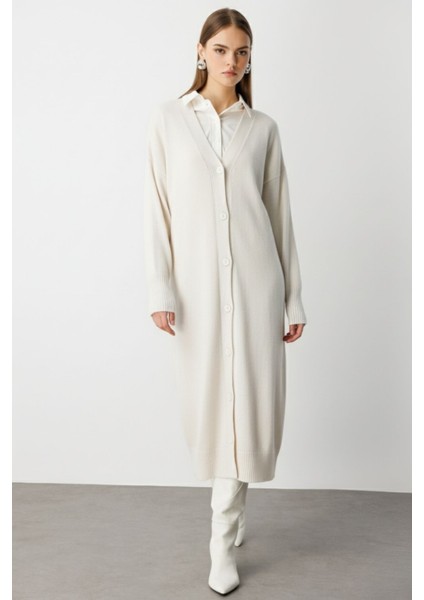 Oversize V Yaka Uzun Ekru Triko Hırka