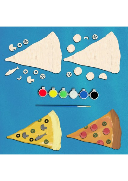 Pizza Ahşap Boyama Etkinlik Seti + Eğitici Çocuk Aktivite + Fırça + Akrilik Boya Kreş Okul Öncesi