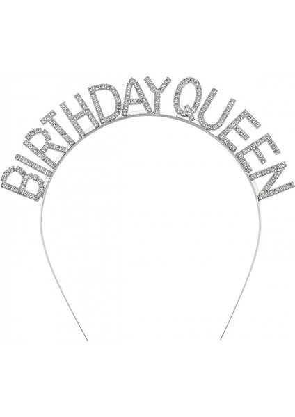 Gümüş Renk Kristal Taşlı Parlak Birthday Queen Yazılı Kraliçe Taç 16X17 cm (K95)
