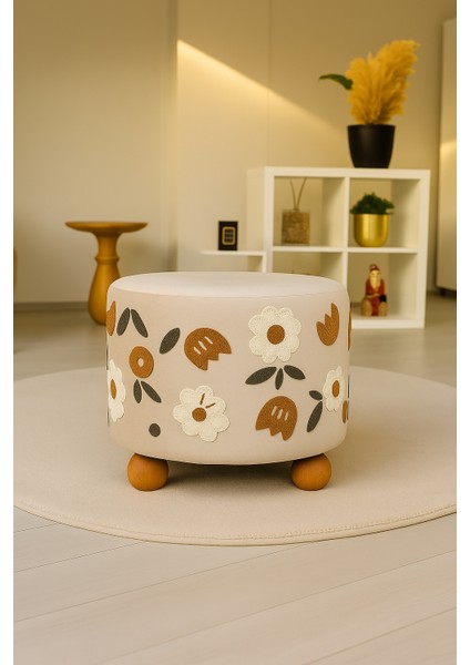 Pufo Dekoratif rahat ve konforlu puf - krem renkli - nakışlı - "gürgen ayaklı - yuvarlak puf - çok amaçlı kullanım - modern bench