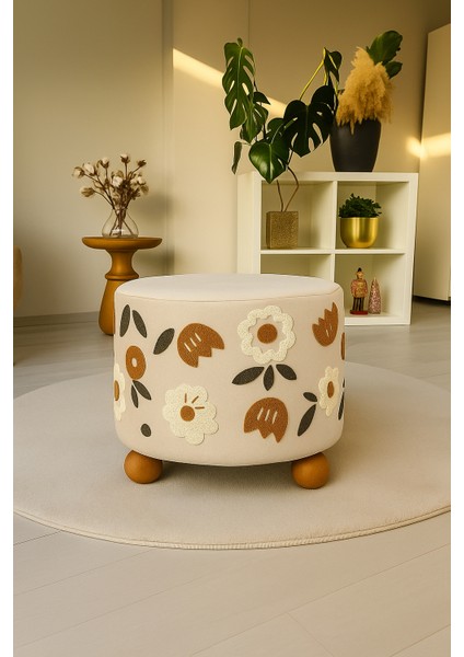 Pufo Dekoratif rahat ve konforlu puf - krem renkli - nakışlı - "gürgen ayaklı - yuvarlak puf - çok amaçlı kullanım - modern bench fiyatları