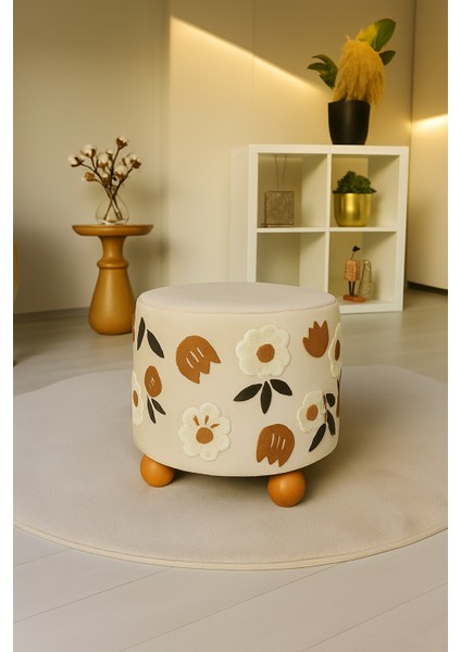 Pufo Dekoratif rahat ve konforlu puf - krem renkli - nakışlı - "gürgen ayaklı - yuvarlak puf - çok amaçlı kullanım - modern bench modelleri