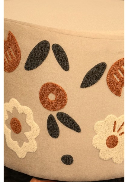 Pufo Dekoratif rahat ve konforlu puf - krem renkli - nakışlı - "gürgen ayaklı - yuvarlak puf - çok amaçlı kullanım - modern bench fırsatları