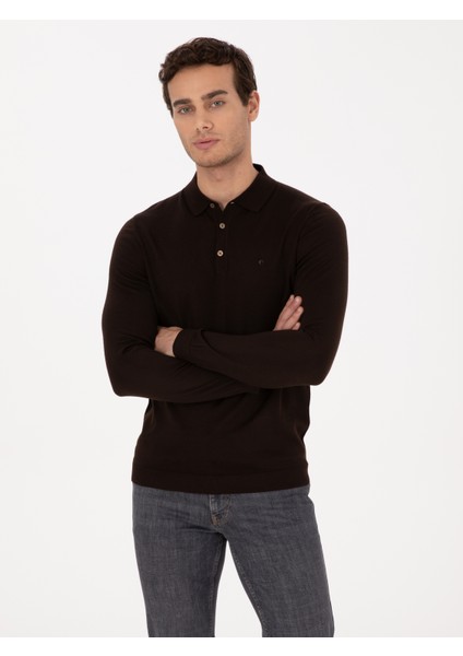 Erkek Kahverengi Regular Fit Yün Karışımlı Polo Yaka Basic Triko Kazak 50318855-VR029
