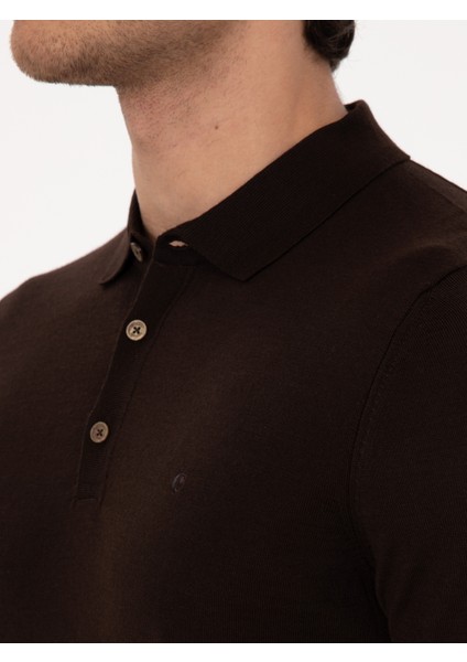 Erkek Kahverengi Regular Fit Yün Karışımlı Polo Yaka Basic Triko Kazak 50318855-VR029