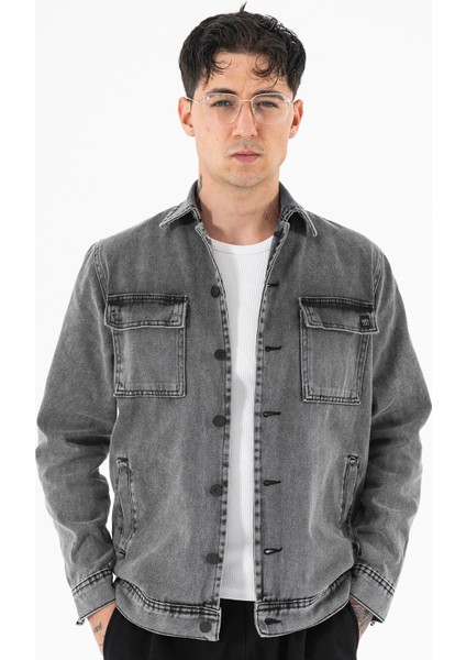 Erkek Füme Kot Ceket Relax Fit Kapaklı Çift Cepli Gömlek Yaka