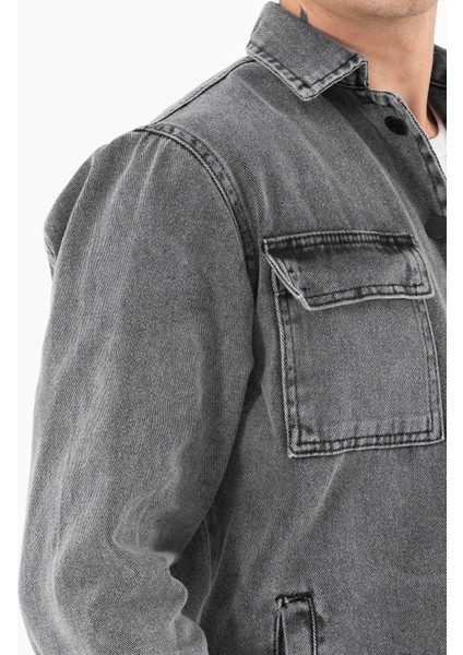 Erkek Füme Kot Ceket Relax Fit Kapaklı Çift Cepli Gömlek Yaka