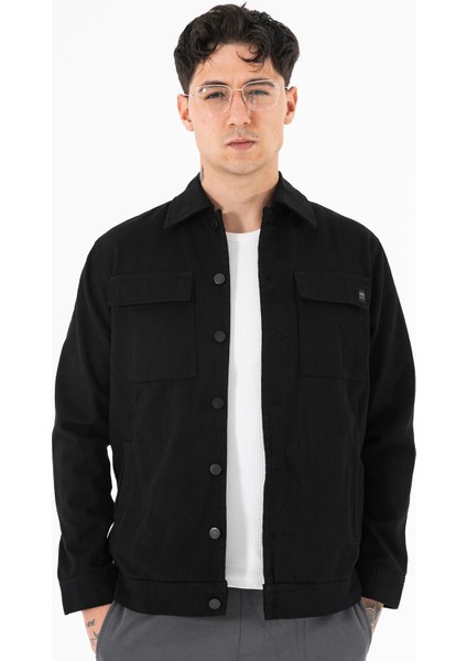 Erkek Siyah Kot Ceket Relax Fit Kapaklı Çift Cepli Gömlek Yaka