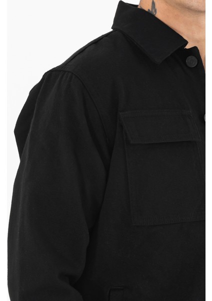 Erkek Siyah Kot Ceket Relax Fit Kapaklı Çift Cepli Gömlek Yaka