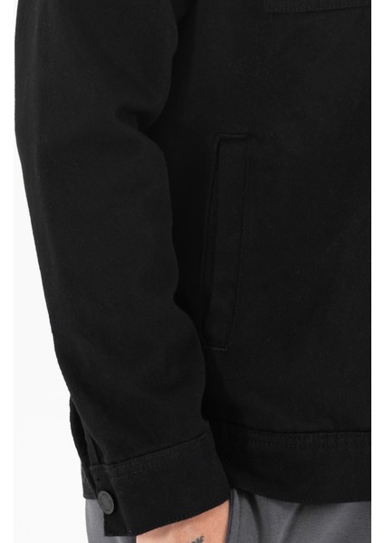 Erkek Siyah Kot Ceket Relax Fit Kapaklı Çift Cepli Gömlek Yaka