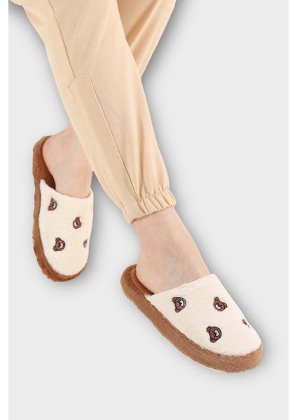 Kadın Pofuduk Nakışlı Ev Terliği Çeyiz Bohça Terliği Valentine's Day Beyaz - Kahverengi