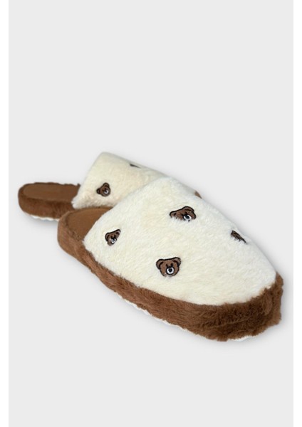 Kadın Pofuduk Nakışlı Ev Terliği Çeyiz Bohça Terliği Valentine's Day Beyaz - Kahverengi modelleri