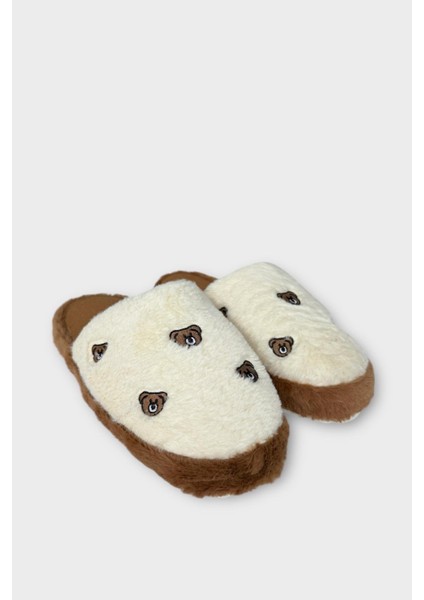 Kadın Pofuduk Nakışlı Ev Terliği Çeyiz Bohça Terliği Valentine's Day Beyaz - Kahverengi fırsatları