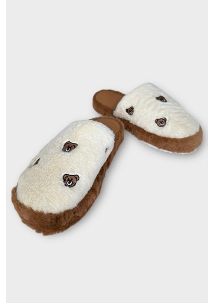 Kadın Pofuduk Nakışlı Ev Terliği Çeyiz Bohça Terliği Valentine's Day Beyaz - Kahverengi indirimleri