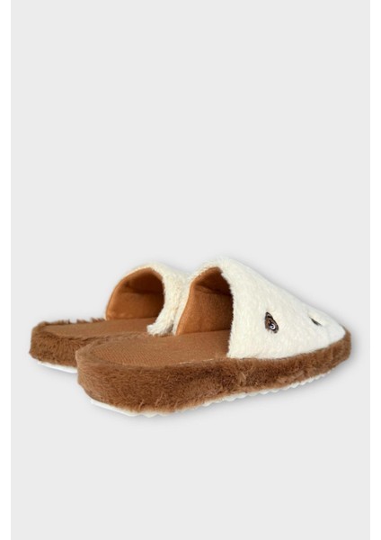 Kadın Pofuduk Nakışlı Ev Terliği Çeyiz Bohça Terliği Valentine's Day Beyaz - Kahverengi