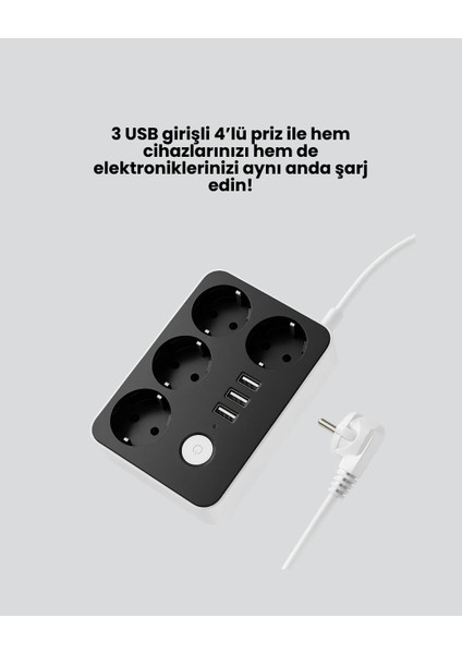 7 Cihazı Aynı Anda Destekleyen 3 USB Portlu 4’lü Priz fiyatları