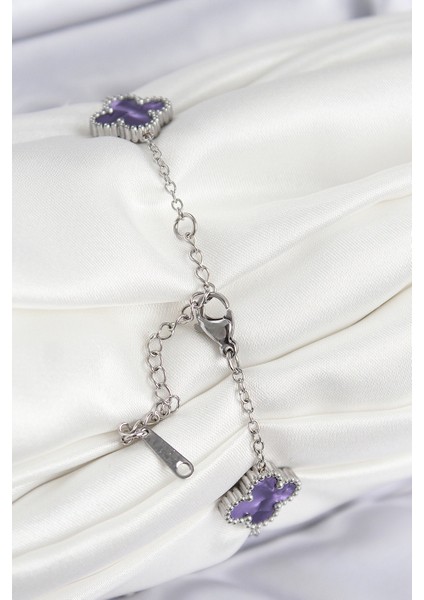 316L Çelik Sedefli Mor Gümüş Renk Yonca Kadın Bileklik - Lisinya fiyatları