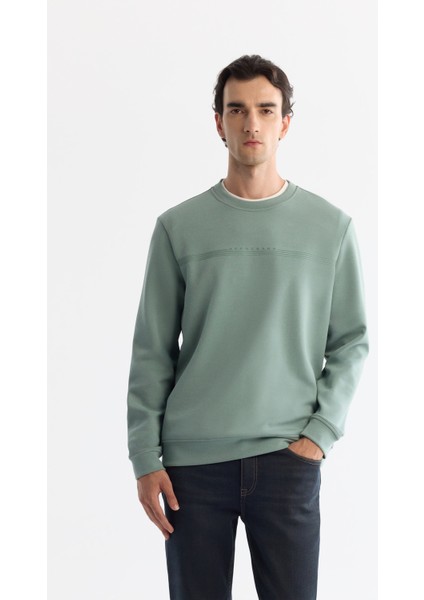 Erkek Mint Yeşil Bisiklet Yaka Pamuklu Baskılı Elastan Regular Fit Sweatshirt A42Y1267