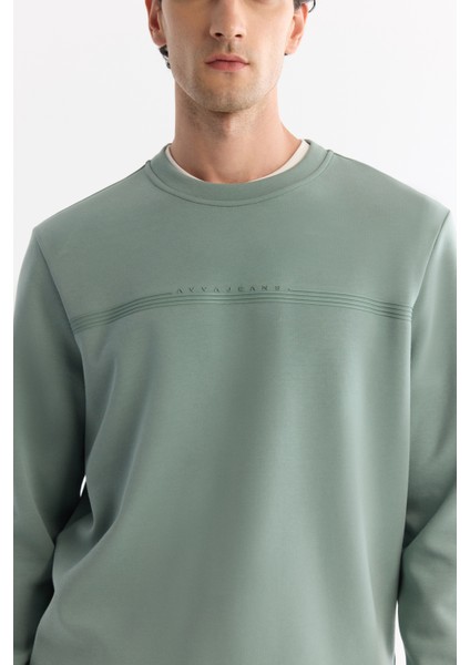 Erkek Mint Yeşil Bisiklet Yaka Pamuklu Baskılı Elastan Regular Fit Sweatshirt A42Y1267