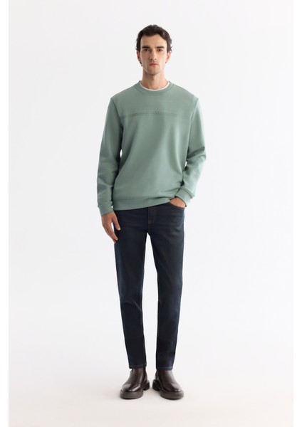 Erkek Mint Yeşil Bisiklet Yaka Pamuklu Baskılı Elastan Regular Fit Sweatshirt A42Y1267
