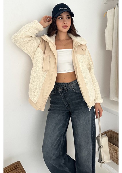 Kadın Renk Bloklu Fermuarlı Sherpa Mont – Cozy Contrast