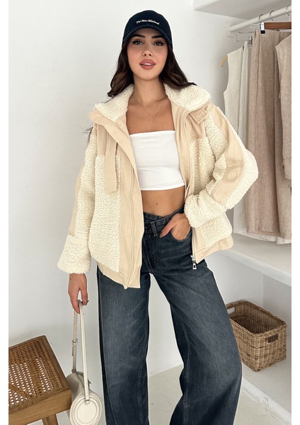 Kadın Renk Bloklu Fermuarlı Sherpa Mont – Cozy Contrast fiyatları
