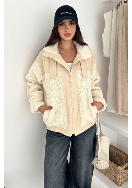 Kadın Renk Bloklu Fermuarlı Sherpa Mont – Cozy Contrast fırsatları