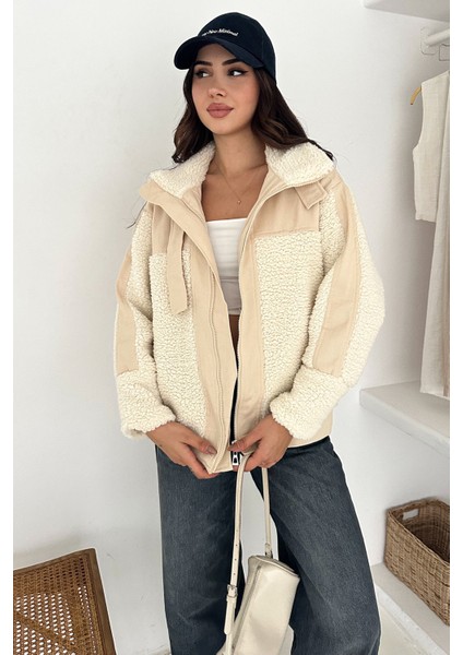 Kadın Renk Bloklu Fermuarlı Sherpa Mont – Cozy Contrast