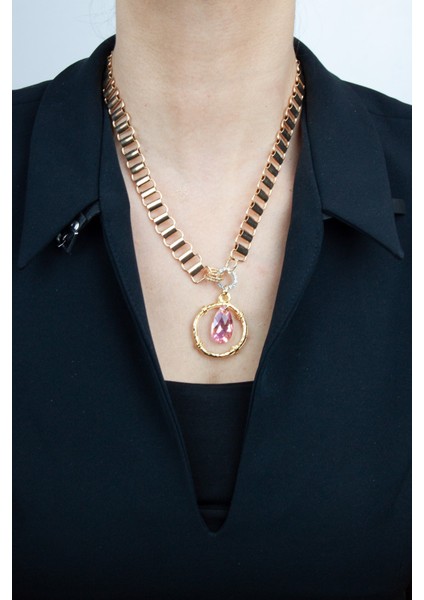 Pembe Kristal Taş Uçlu Gold Kaplama Zincir Kadın Kolye