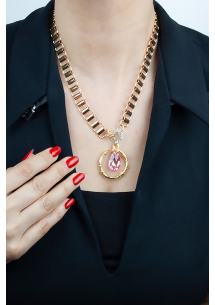 Pembe Kristal Taş Uçlu Gold Kaplama Zincir Kadın Kolye fiyatları