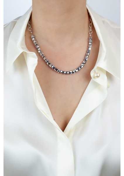 Küp Kristal Gümüş Zincir Kolye